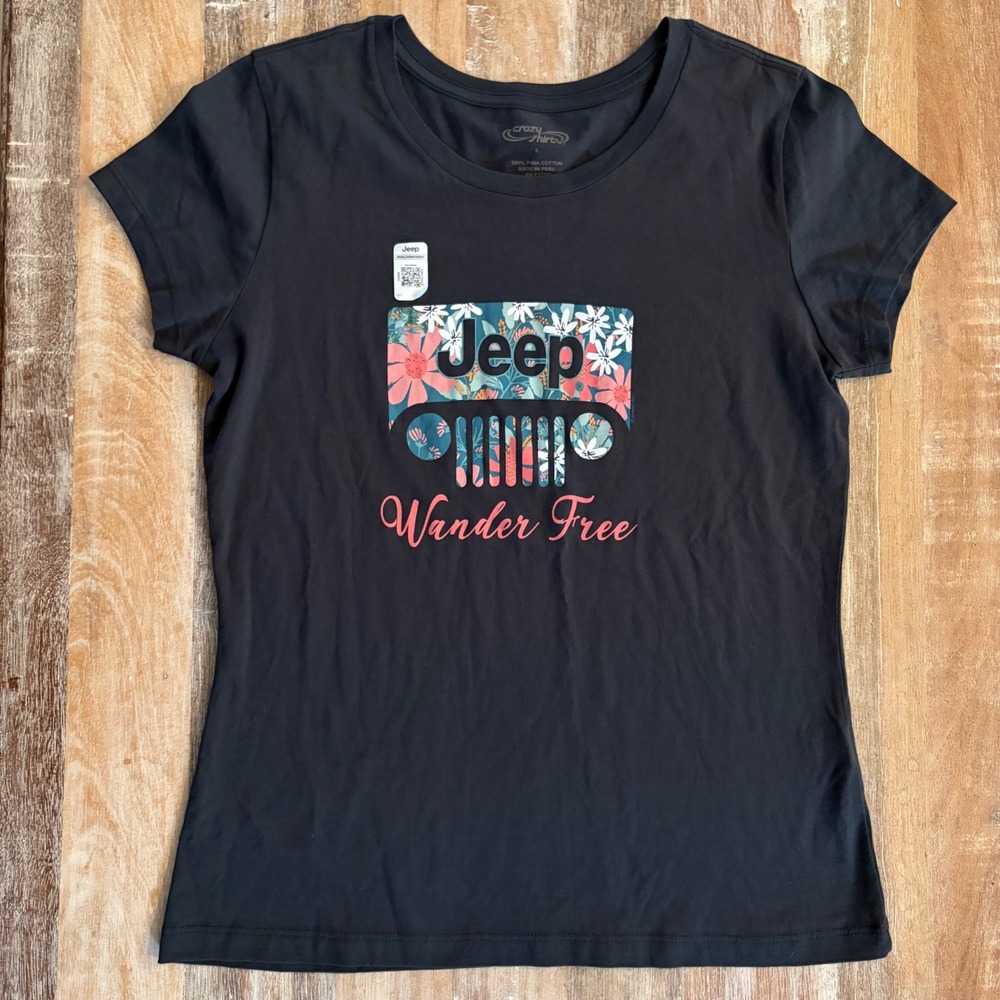 Crazy Shirts Jeep Wander Free Floral Graphic T-Shirt Black Pima Cotton Small NWT